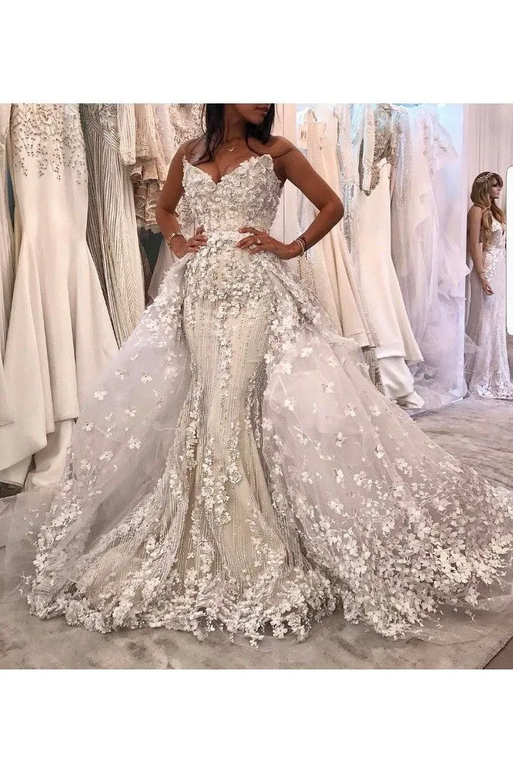 Mermaid V-neck Long Train Sleeveless Tulle Applique Wedding Dress