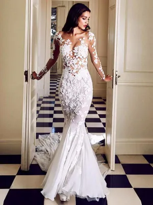 Mermaid V-neck White Lace Wedding Dresses.Cheap Wedding Dresses, WDY0275
