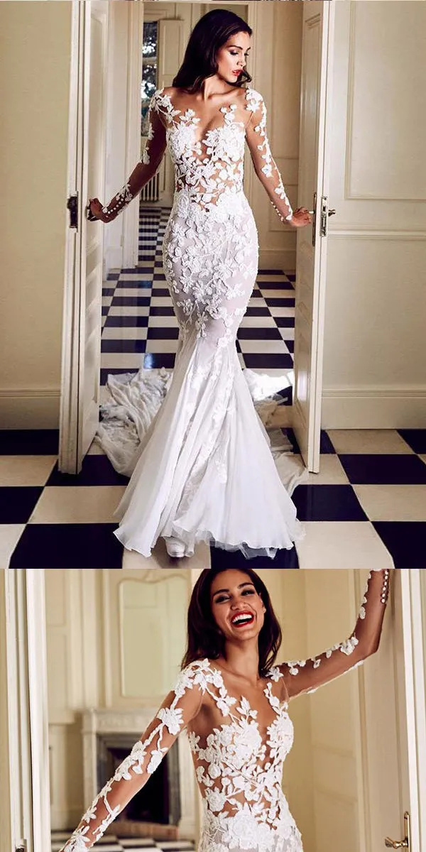 Mermaid V-neck White Lace Wedding Dresses.Cheap Wedding Dresses, WDY0275
