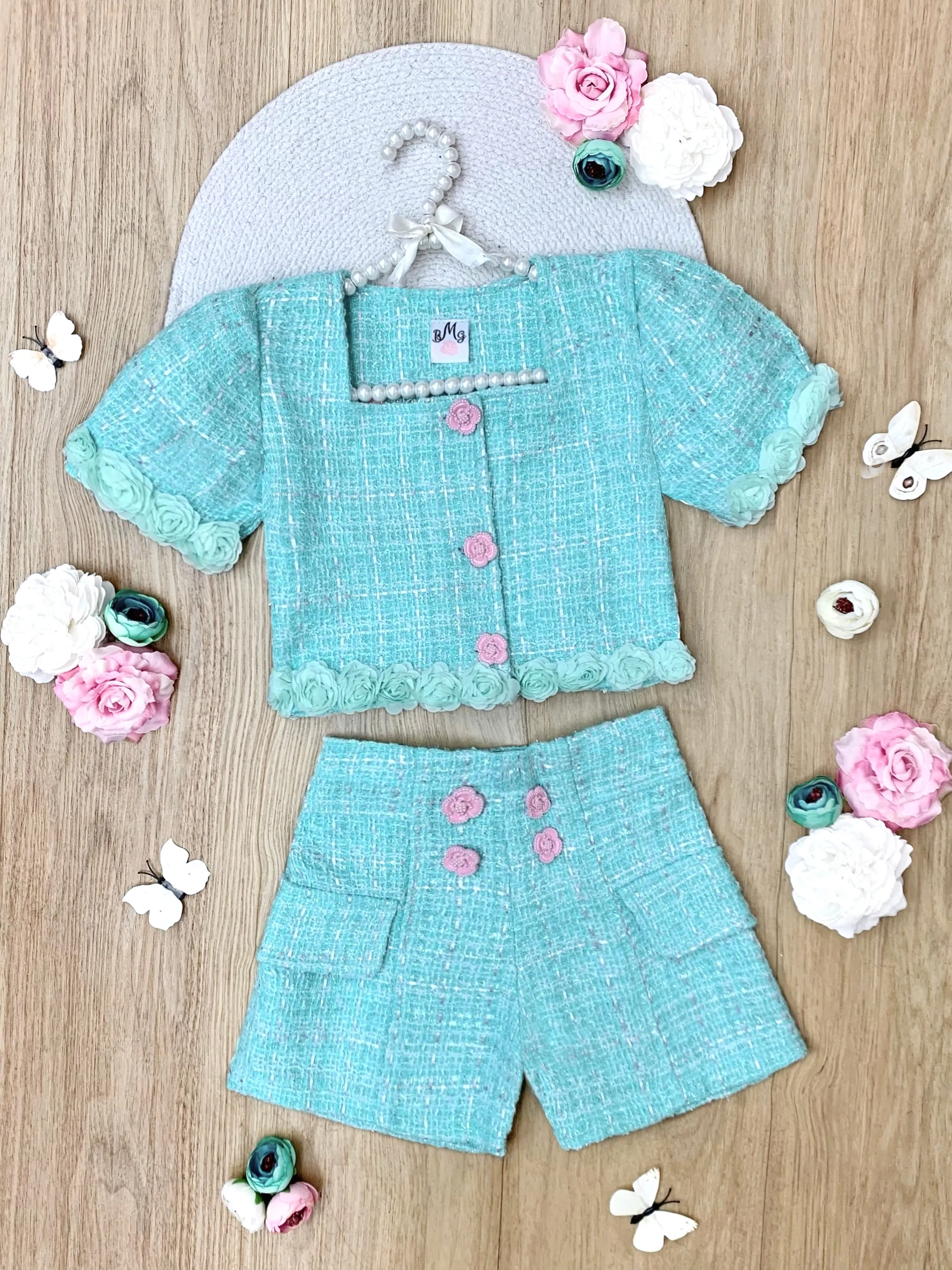 Mint Rosette Puff Sleeve Tweed Top and Short Set