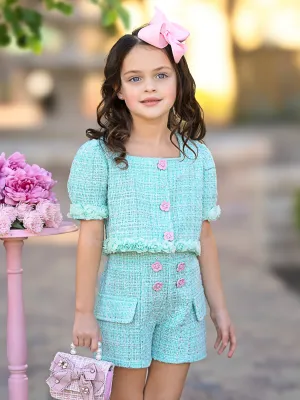 Mint Rosette Puff Sleeve Tweed Top and Short Set
