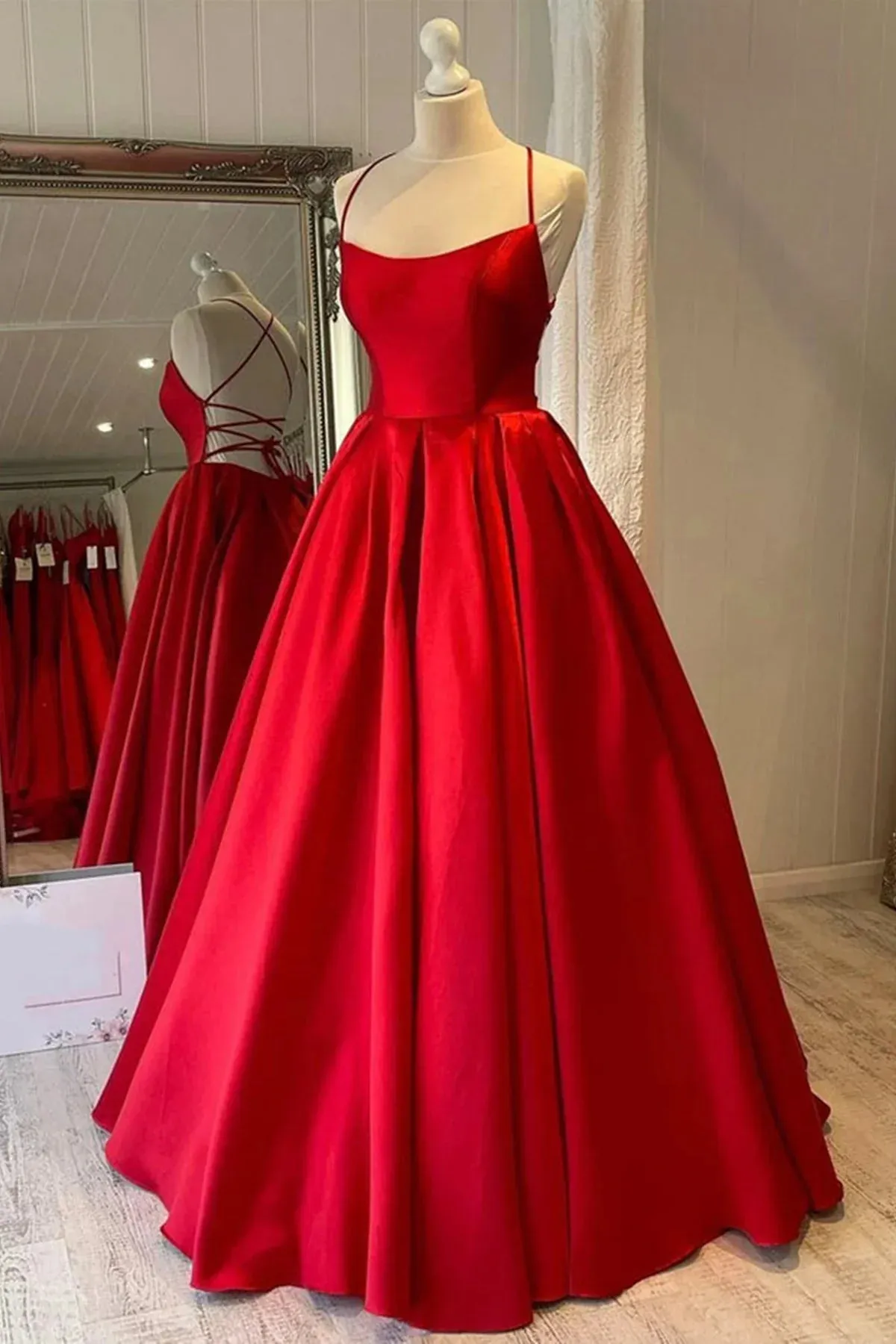 Modest Red Satin A Line Prom Dress Simple Backless Long Formal Dress