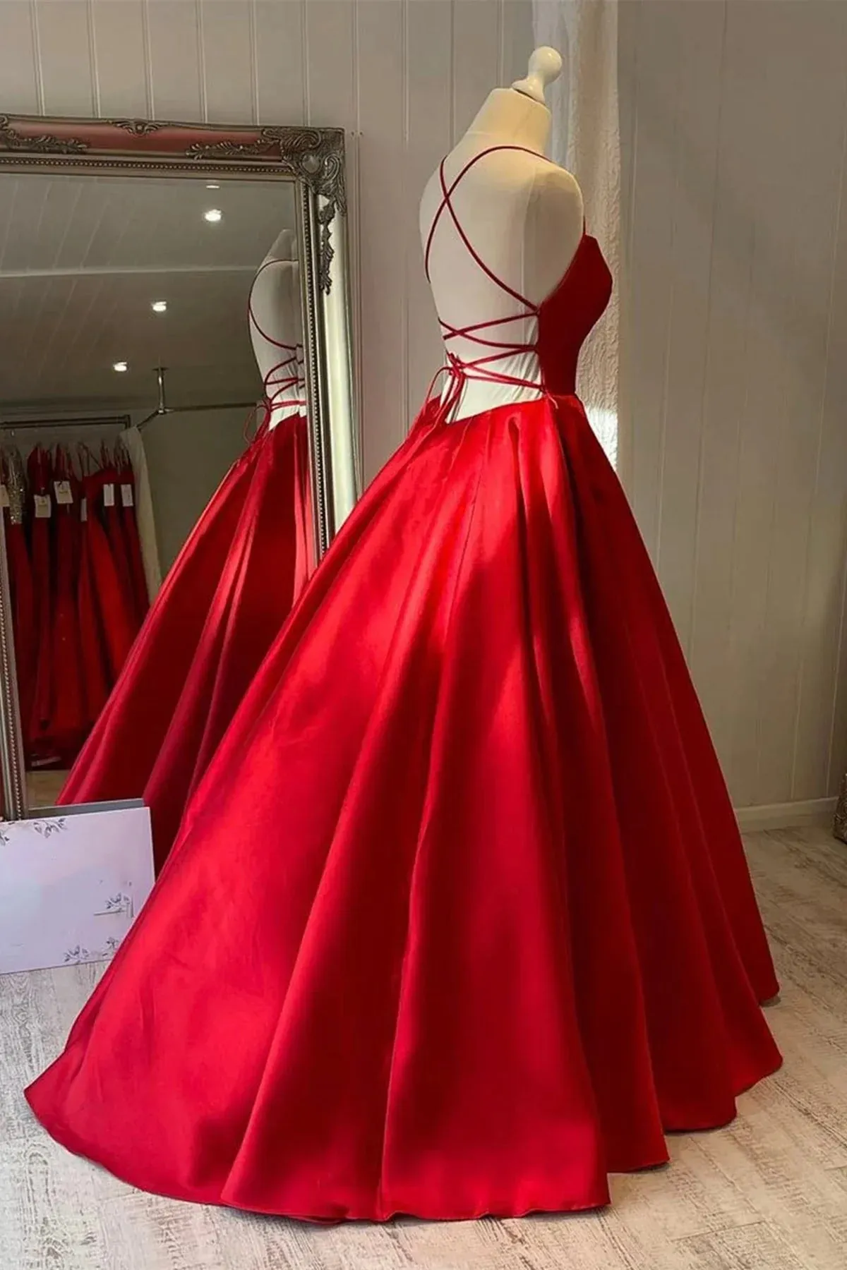 Modest Red Satin A Line Prom Dress Simple Backless Long Formal Dress