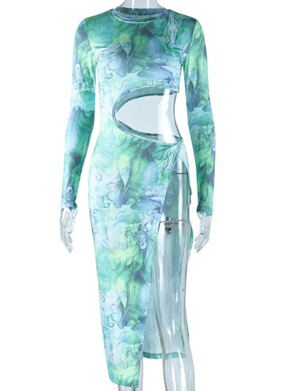 Momnfancy Blue Tie Dye Irregular Cut Out Crop Side Slit Beach Club Gender Reveal Chic Maternity Baby Shower Party Maxi Dress