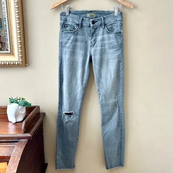 MOTHER The Looker Ankle Fray Skinny Jeans in Last Chance Saloon Gray Grey 25