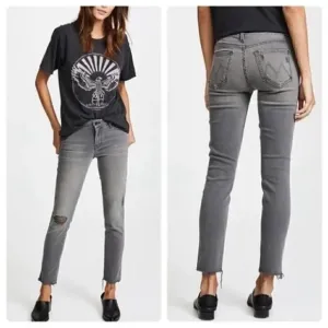 MOTHER The Looker Ankle Fray Skinny Jeans in Last Chance Saloon Gray Grey 25