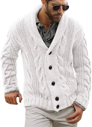 New Mens Cable Knit Cardigan Sweater Shawl Collar Loose Fit Long Sleeve Casual Cardigan White Fits S/M