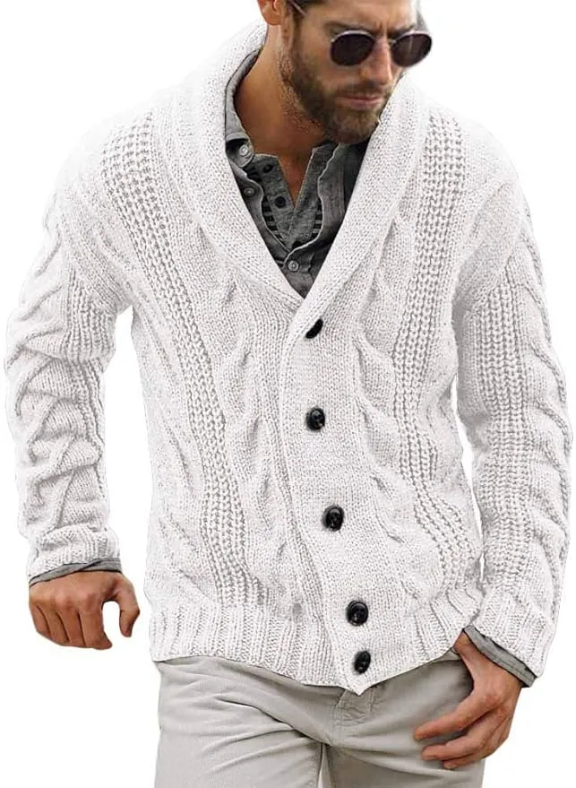 New Mens Cable Knit Cardigan Sweater Shawl Collar Loose Fit Long Sleeve Casual Cardigan White Fits S/M