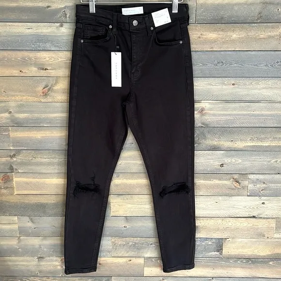 New Topshop Jamie Distressed Jeans In Black Size 28/30 US 6