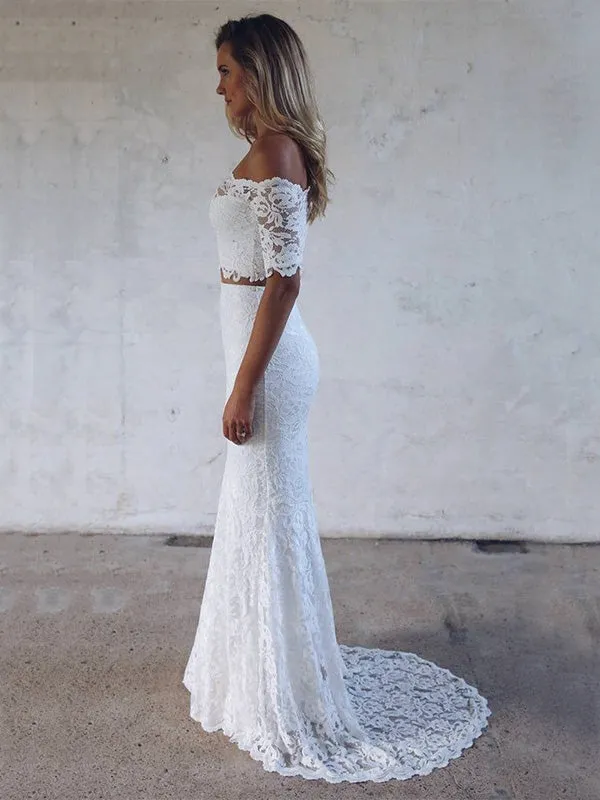 Newest Two-pieces Mermaid Half Sleeves Full Lace Long Wedding Dresses, WD0479