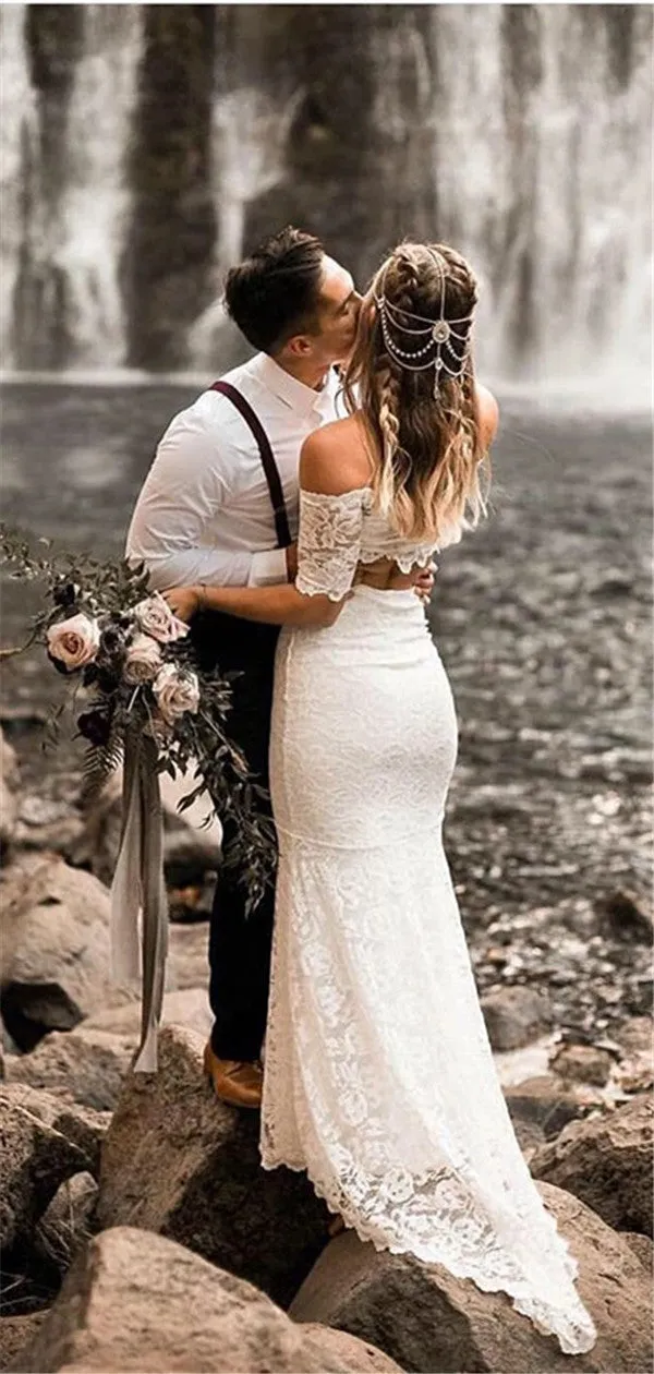 Newest Two-pieces Mermaid Half Sleeves Full Lace Long Wedding Dresses, WD0479