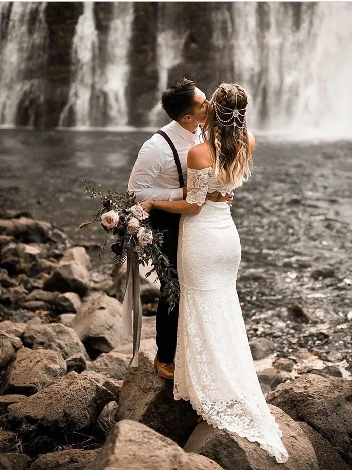 Newest Two-pieces Mermaid Half Sleeves Full Lace Long Wedding Dresses, WD0479