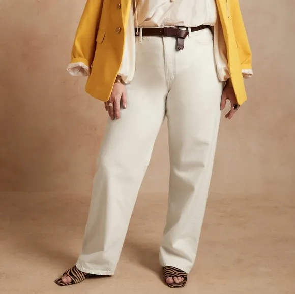 NWT Banana Republic White Denim Mid Rise Loose Stovepipe Jeans 33