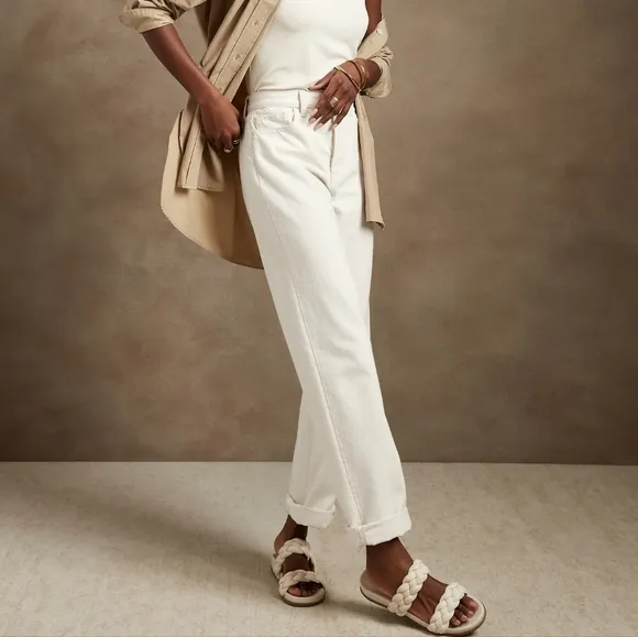 NWT Banana Republic White Denim Mid Rise Loose Stovepipe Jeans 33