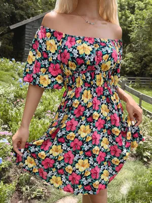 Off-Shoulder Floral Dress with Ruffle and Smocked Waist