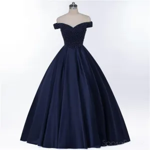 Off Shoulder Navy Blue Beaded A line Long Evening Prom Dresses, Popular Cheap Long 2018 Party Prom Dresses, 17230