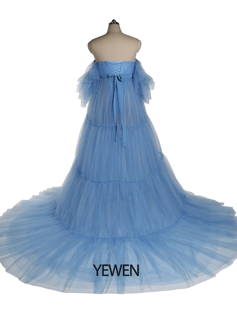 Off Shoulder Soft Tulle Maternity Gowns Short Sleeve Front Slit Pleated Maternity Dress for Photoshoot /Baby Shower YW231028