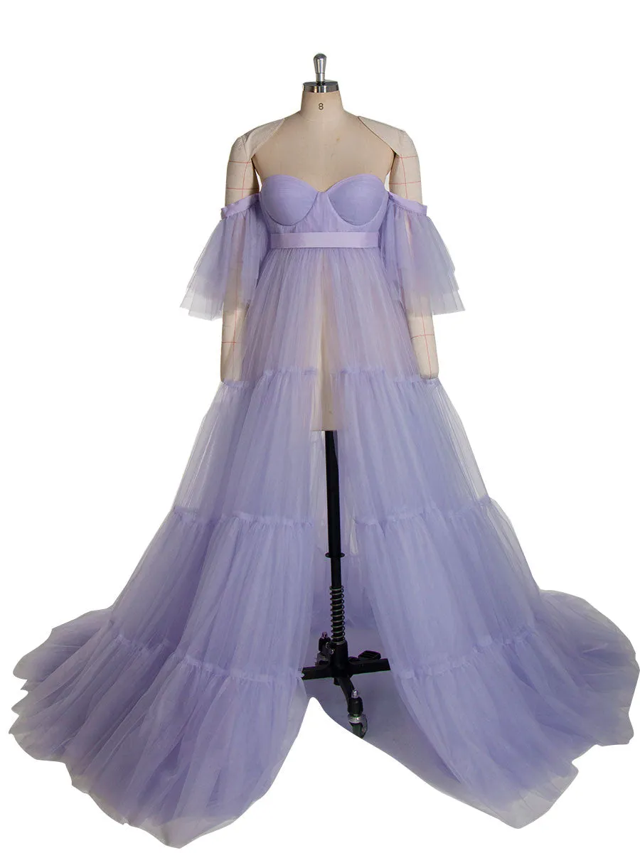 Off Shoulder Soft Tulle Maternity Gowns Short Sleeve Front Slit Pleated Maternity Dress for Photoshoot /Baby Shower YW231028