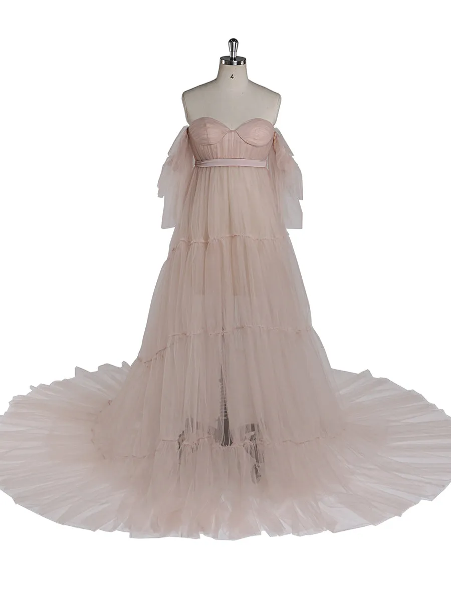 Off Shoulder Soft Tulle Maternity Gowns Short Sleeve Front Slit Pleated Maternity Dress for Photoshoot /Baby Shower YW231028