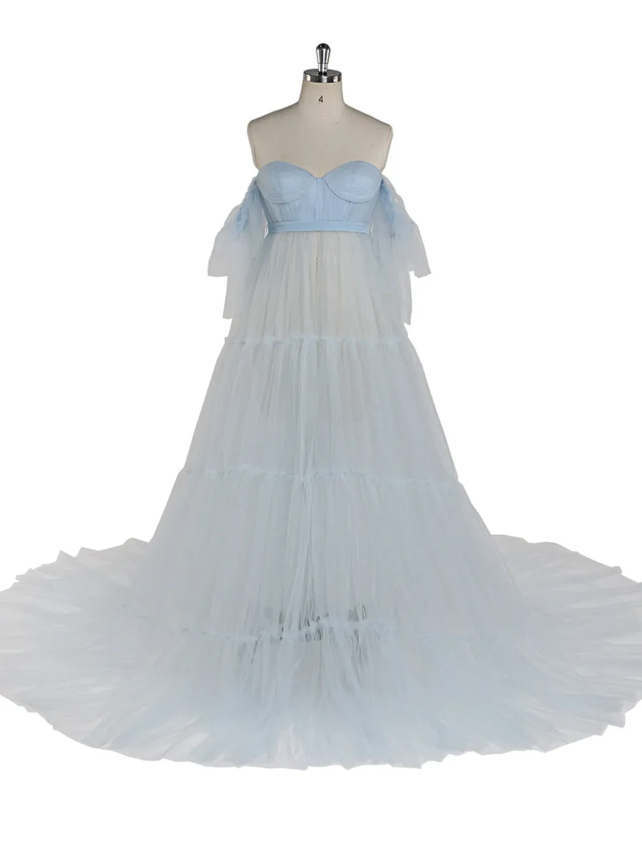 Off Shoulder Soft Tulle Maternity Gowns Short Sleeve Front Slit Pleated Maternity Dress for Photoshoot /Baby Shower YW231028