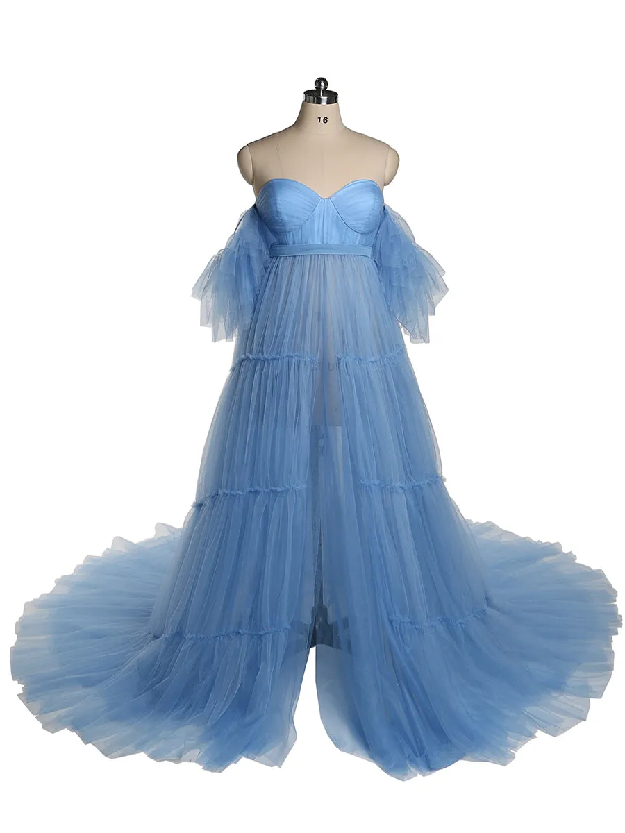 Off Shoulder Soft Tulle Maternity Gowns Short Sleeve Front Slit Pleated Maternity Dress for Photoshoot /Baby Shower YW231028