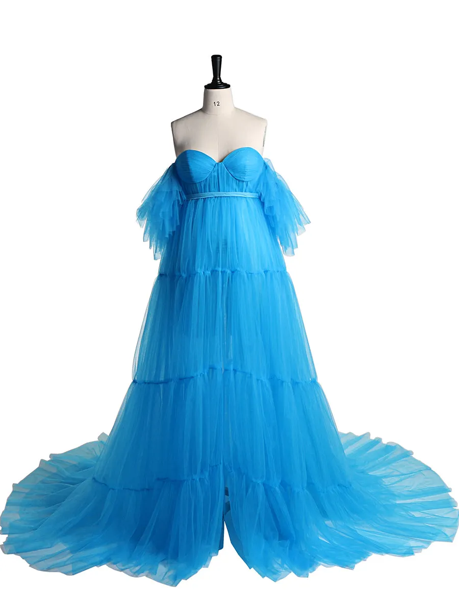 Off Shoulder Soft Tulle Maternity Gowns Short Sleeve Front Slit Pleated Maternity Dress for Photoshoot /Baby Shower YW231028