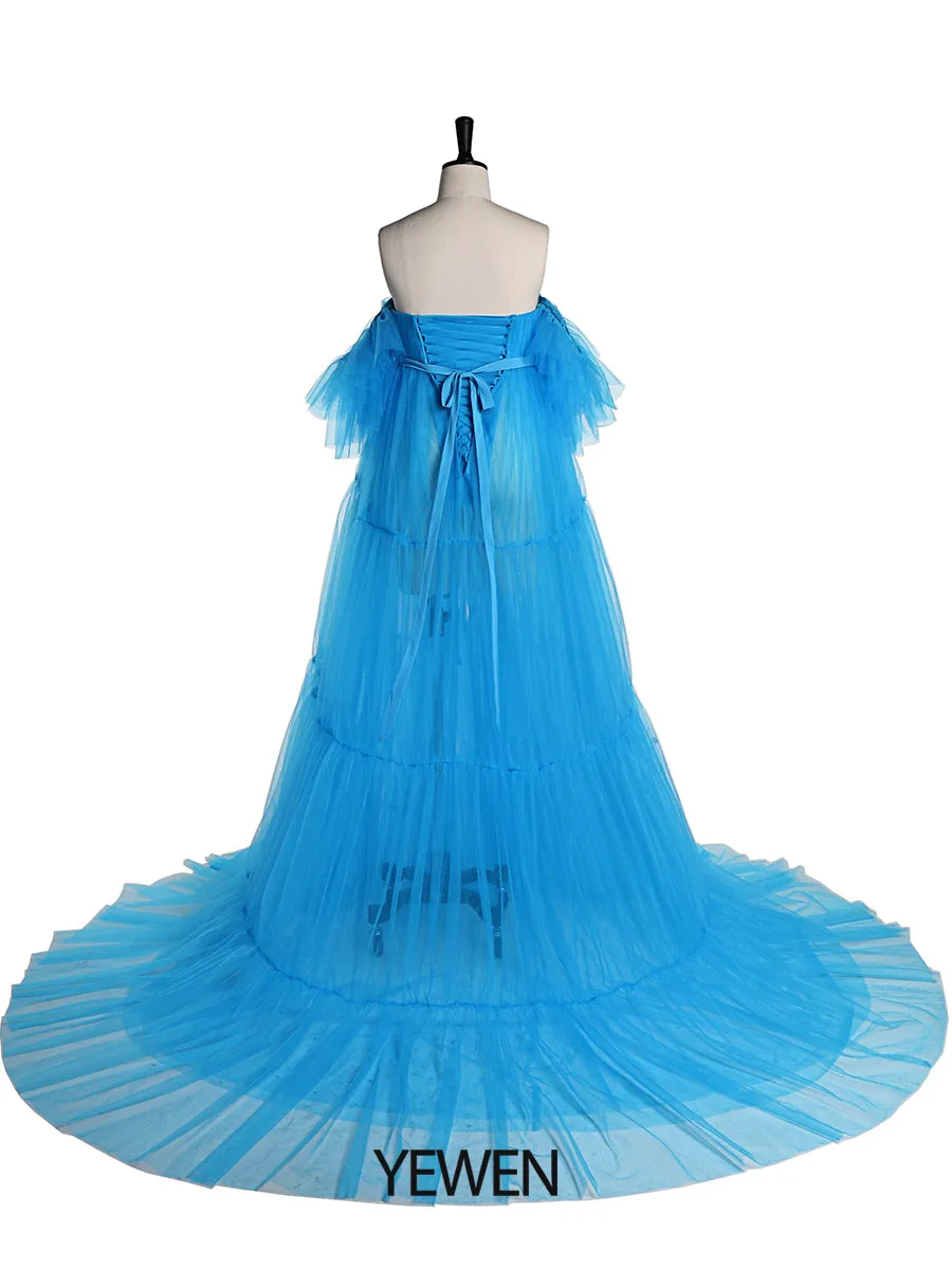 Off Shoulder Soft Tulle Maternity Gowns Short Sleeve Front Slit Pleated Maternity Dress for Photoshoot /Baby Shower YW231028