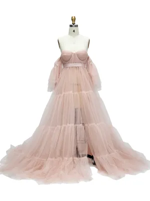 Off Shoulder Soft Tulle Maternity Gowns Short Sleeve Front Slit Pleated Maternity Dress for Photoshoot /Baby Shower YW231028