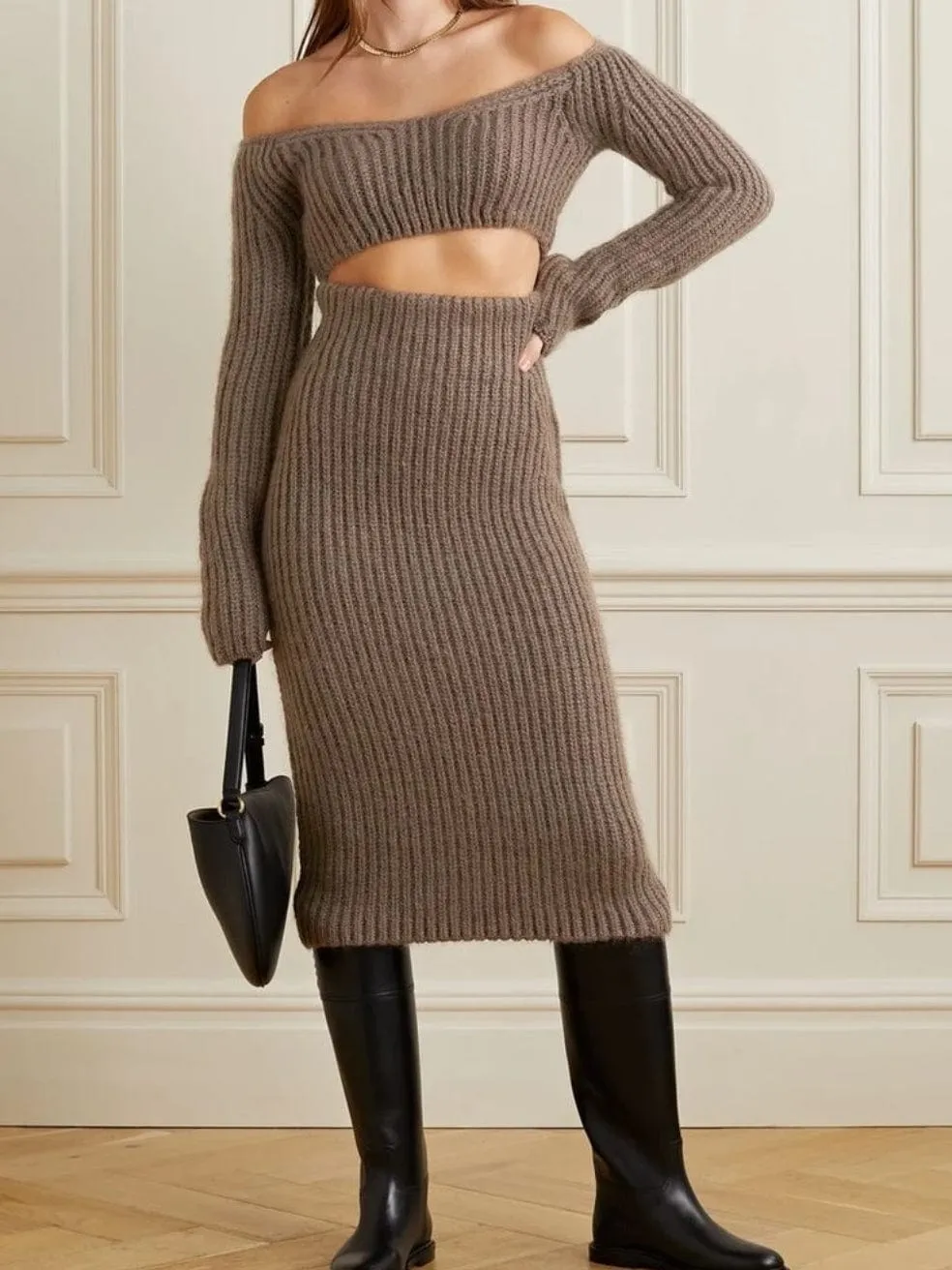 Off-the-shoulder cropped ribbed-knit top and Midi Skirt