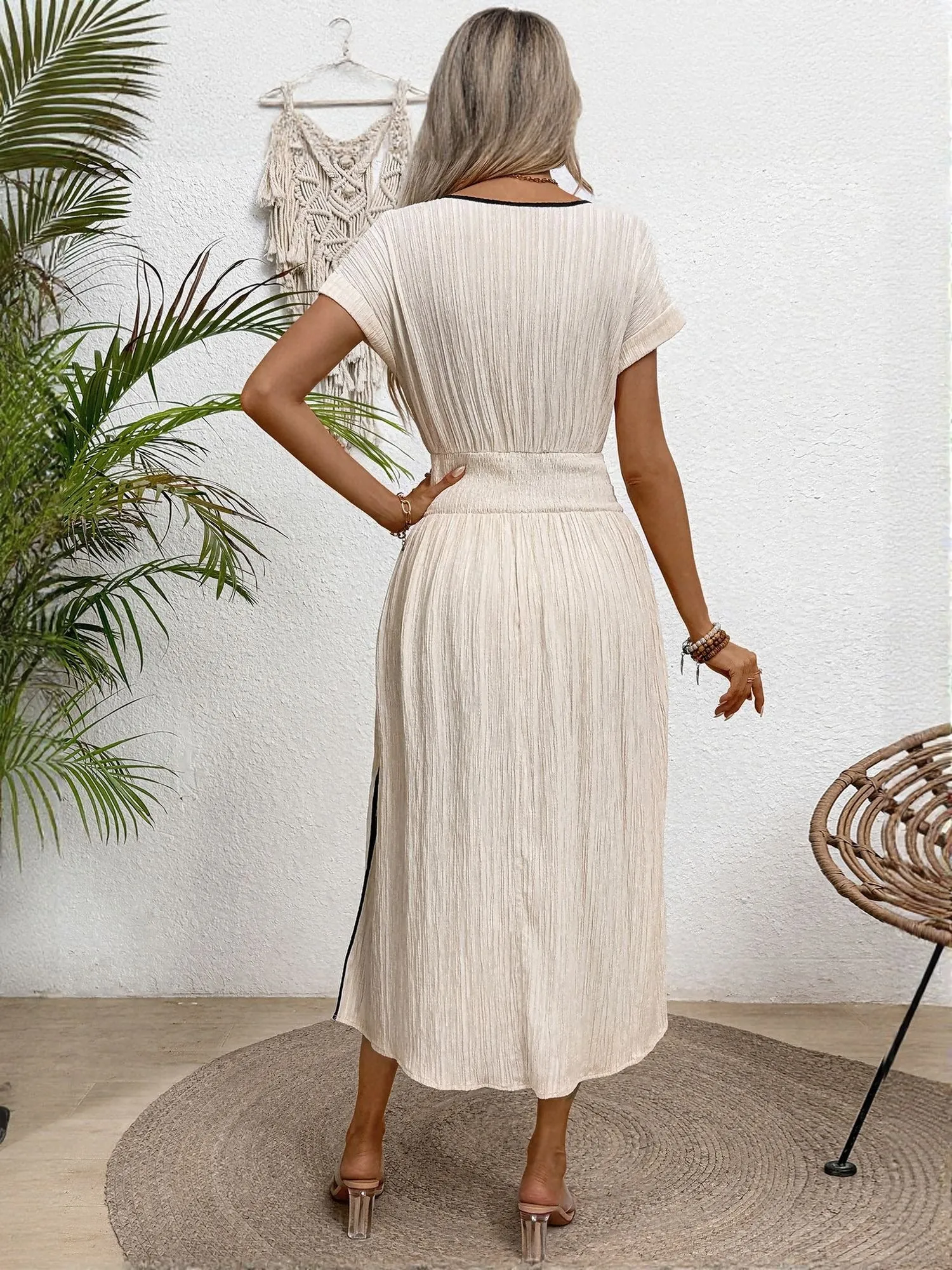 Off White Fit And Flare Midi Dress With Side Slits