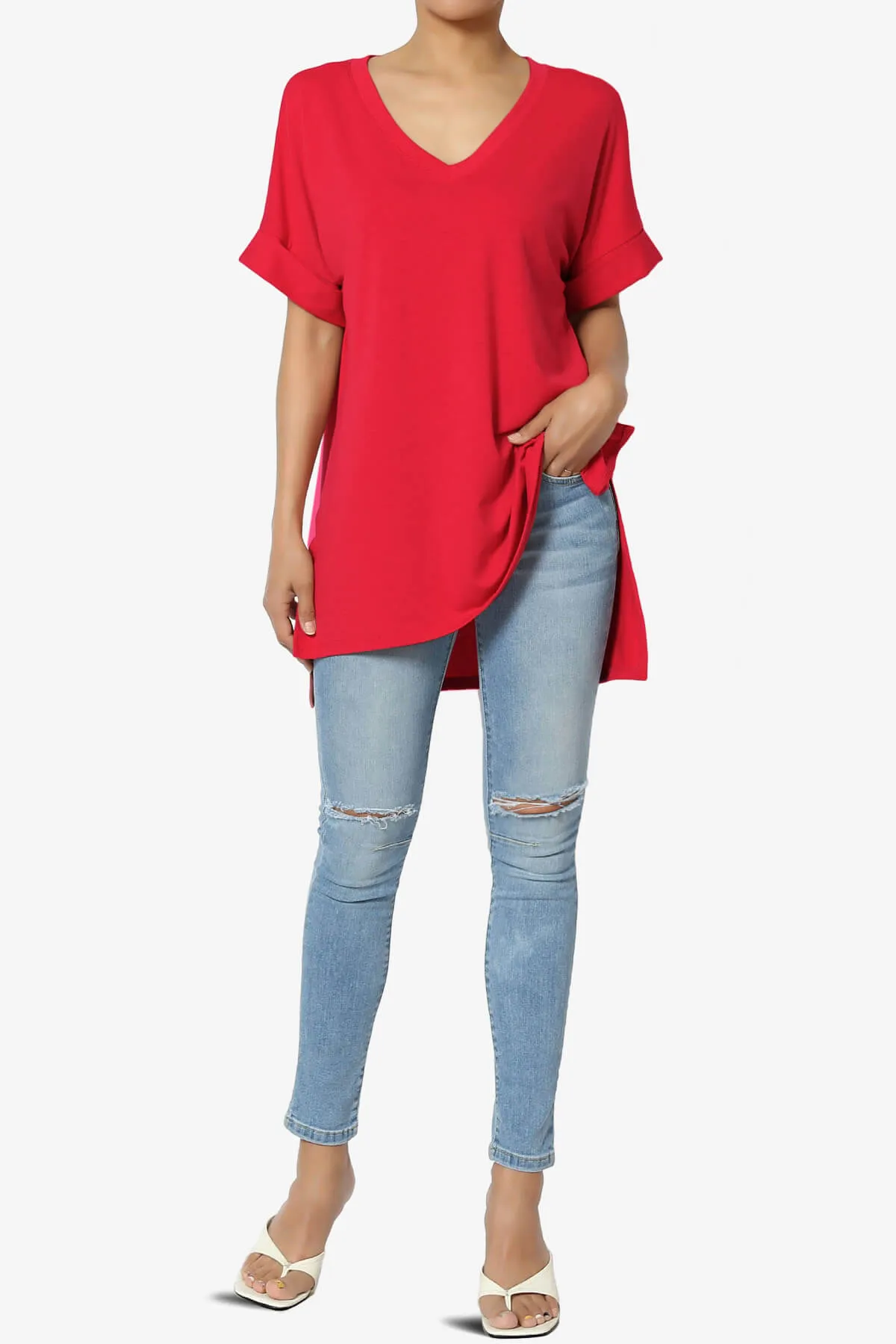 Onella V-Neck Rolled Short Sleeve Top PLUS