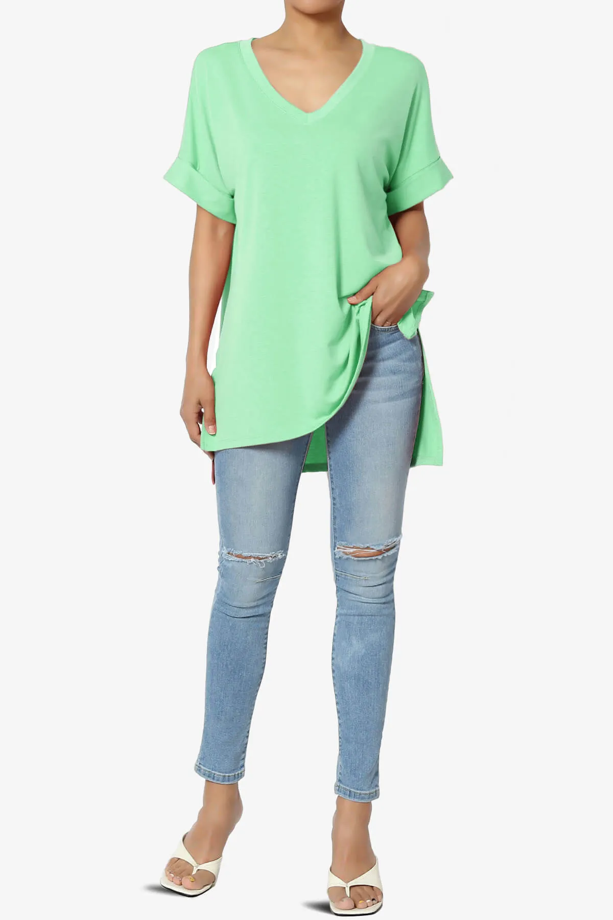 Onella V-Neck Rolled Short Sleeve Top PLUS