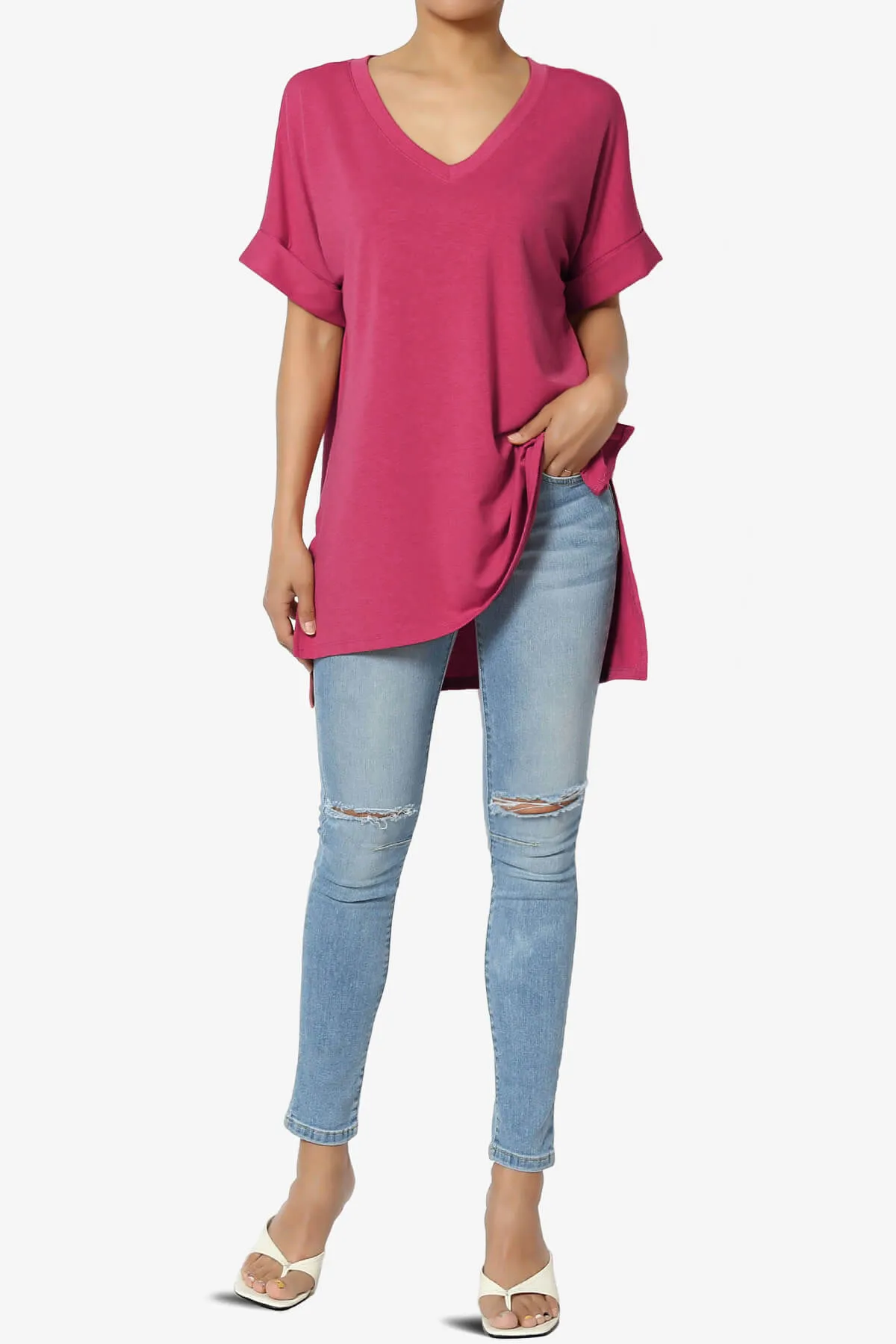 Onella V-Neck Rolled Short Sleeve Top PLUS