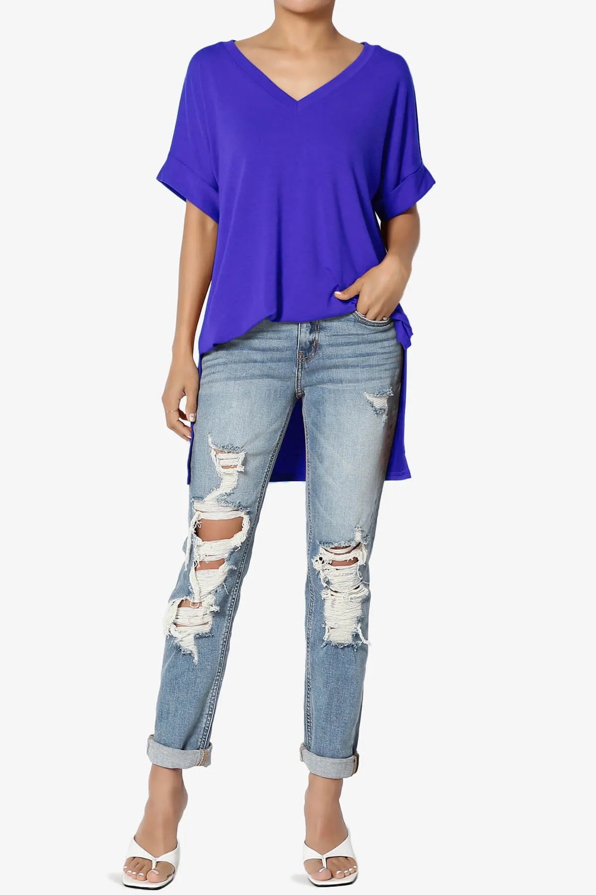 Onella V-Neck Rolled Short Sleeve Top PLUS
