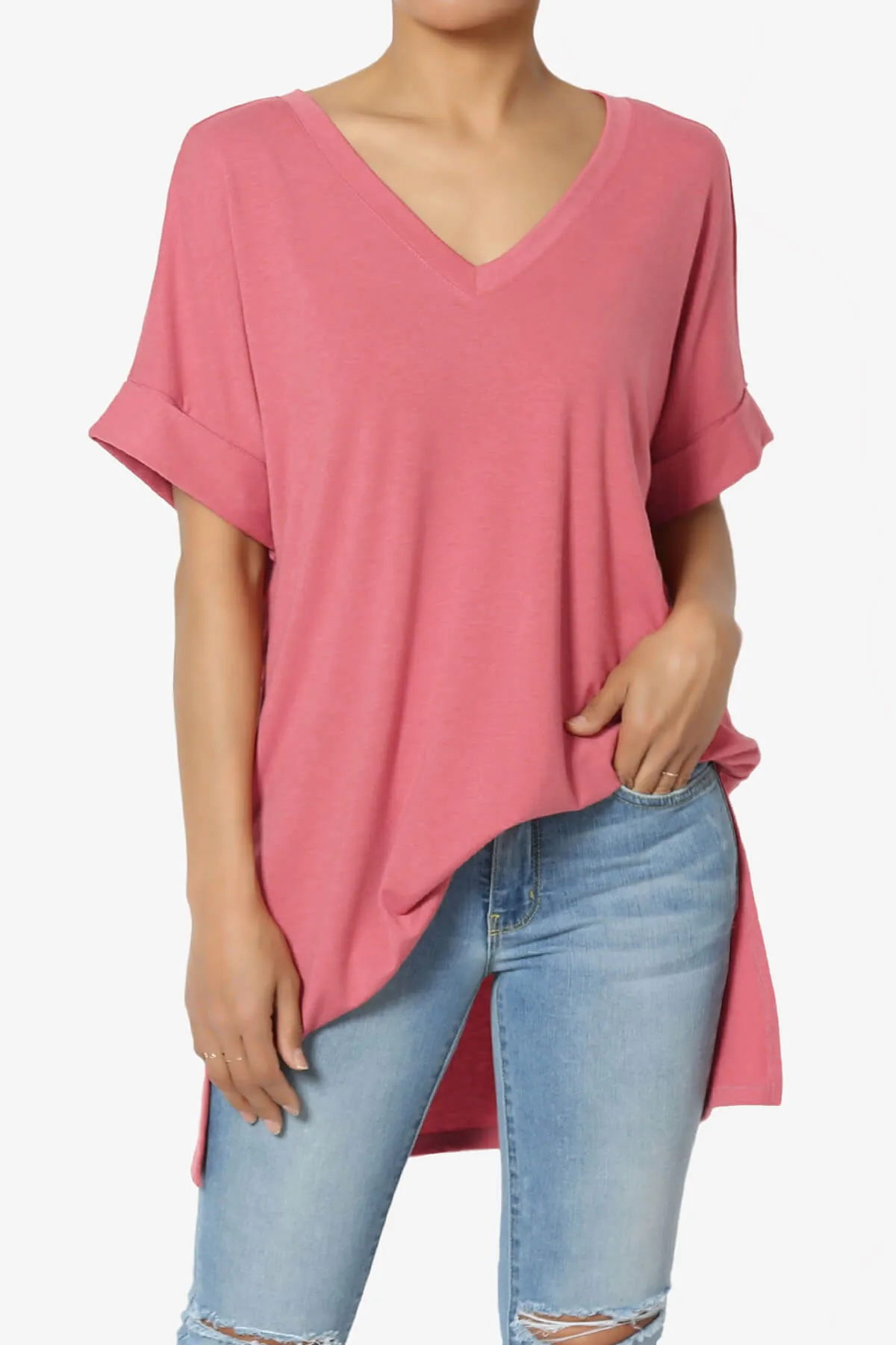 Onella V-Neck Rolled Short Sleeve Top PLUS