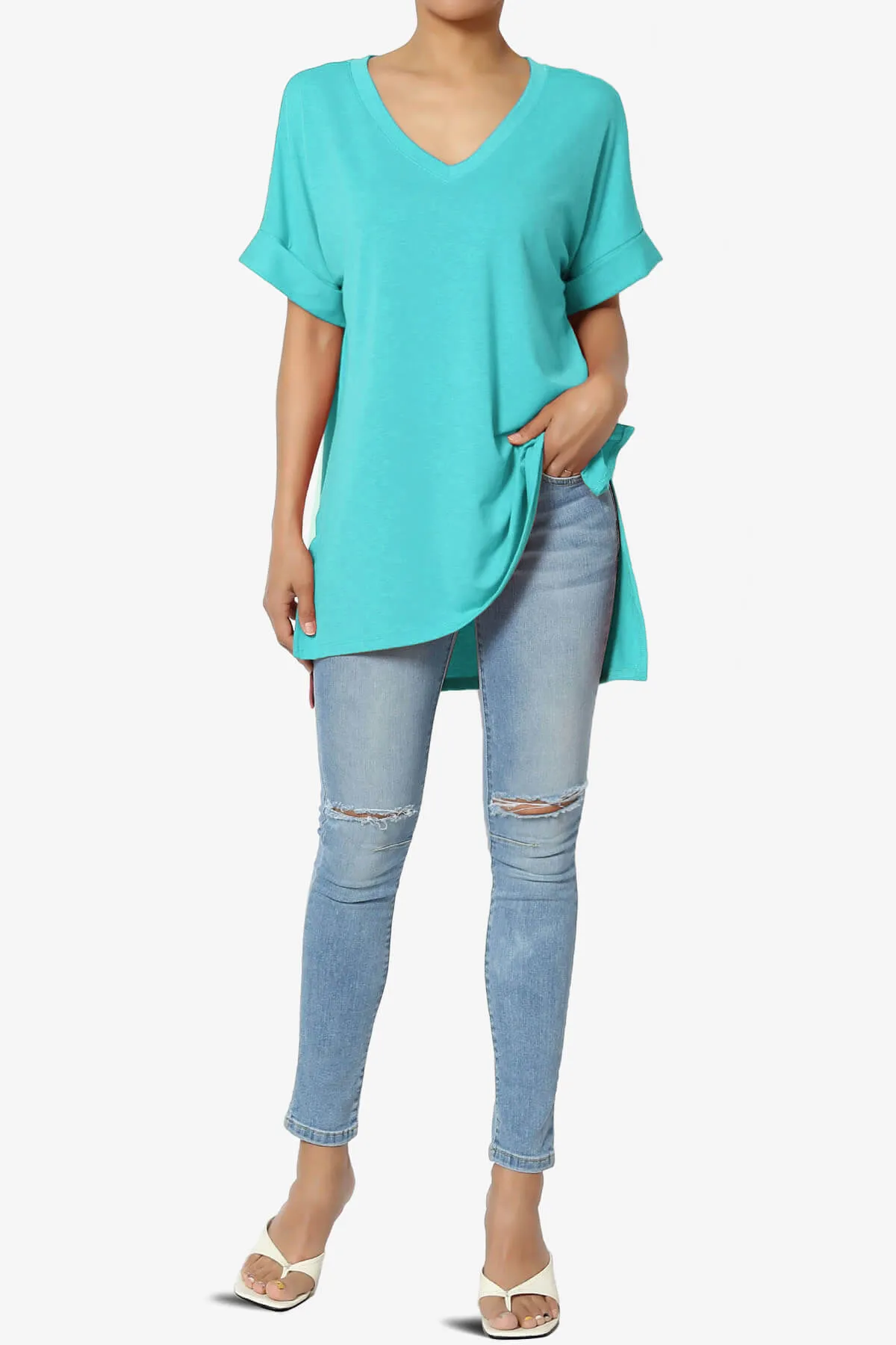 Onella V-Neck Rolled Short Sleeve Top PLUS