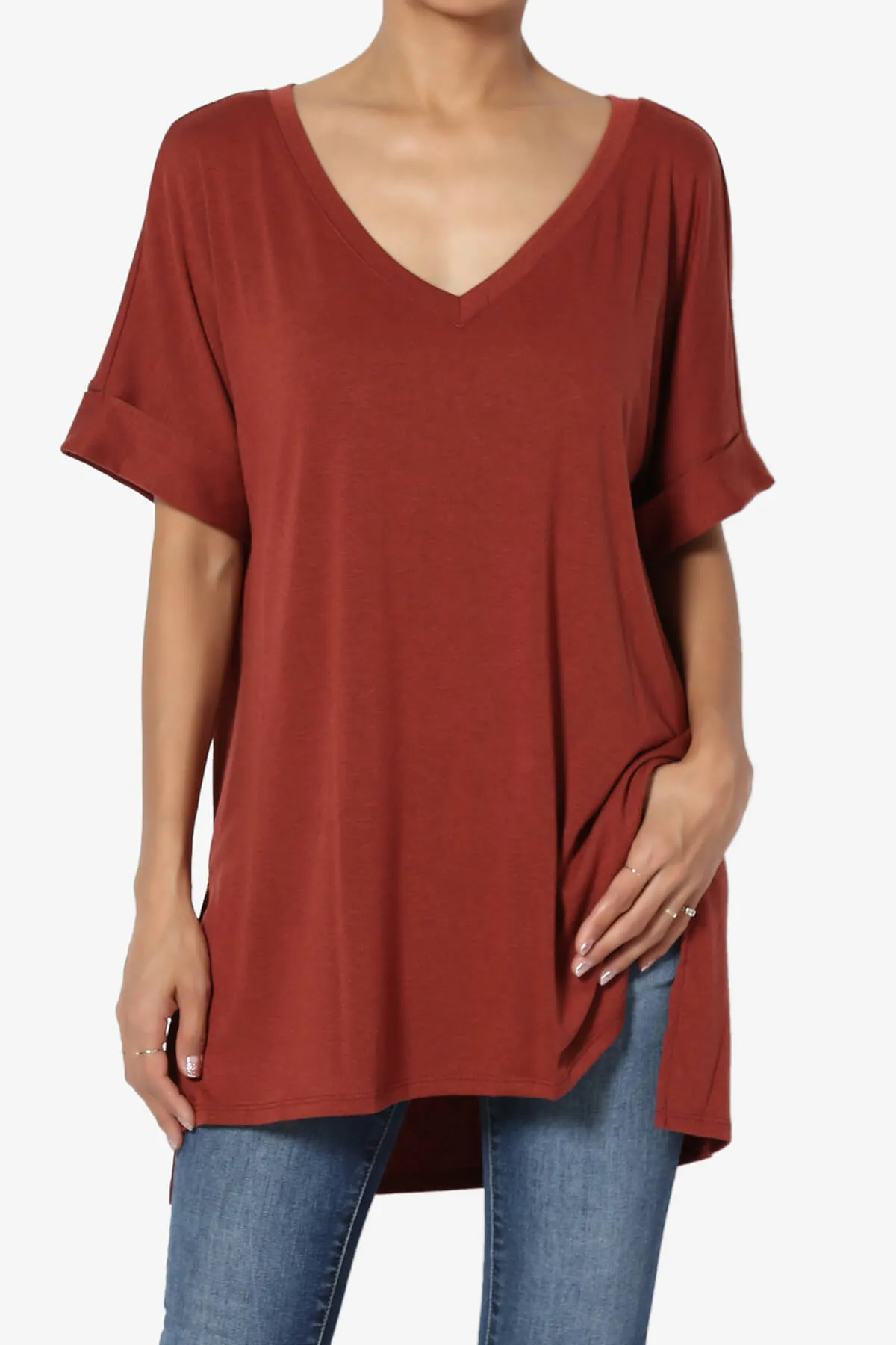 Onella V-Neck Rolled Short Sleeve Top PLUS