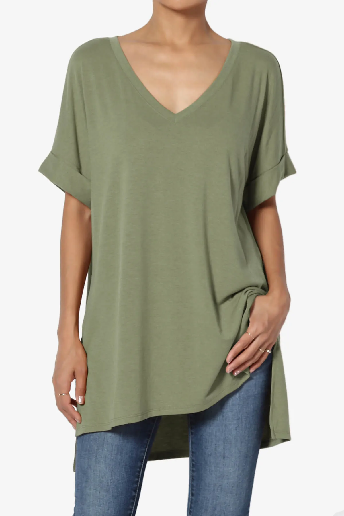 Onella V-Neck Rolled Short Sleeve Top PLUS