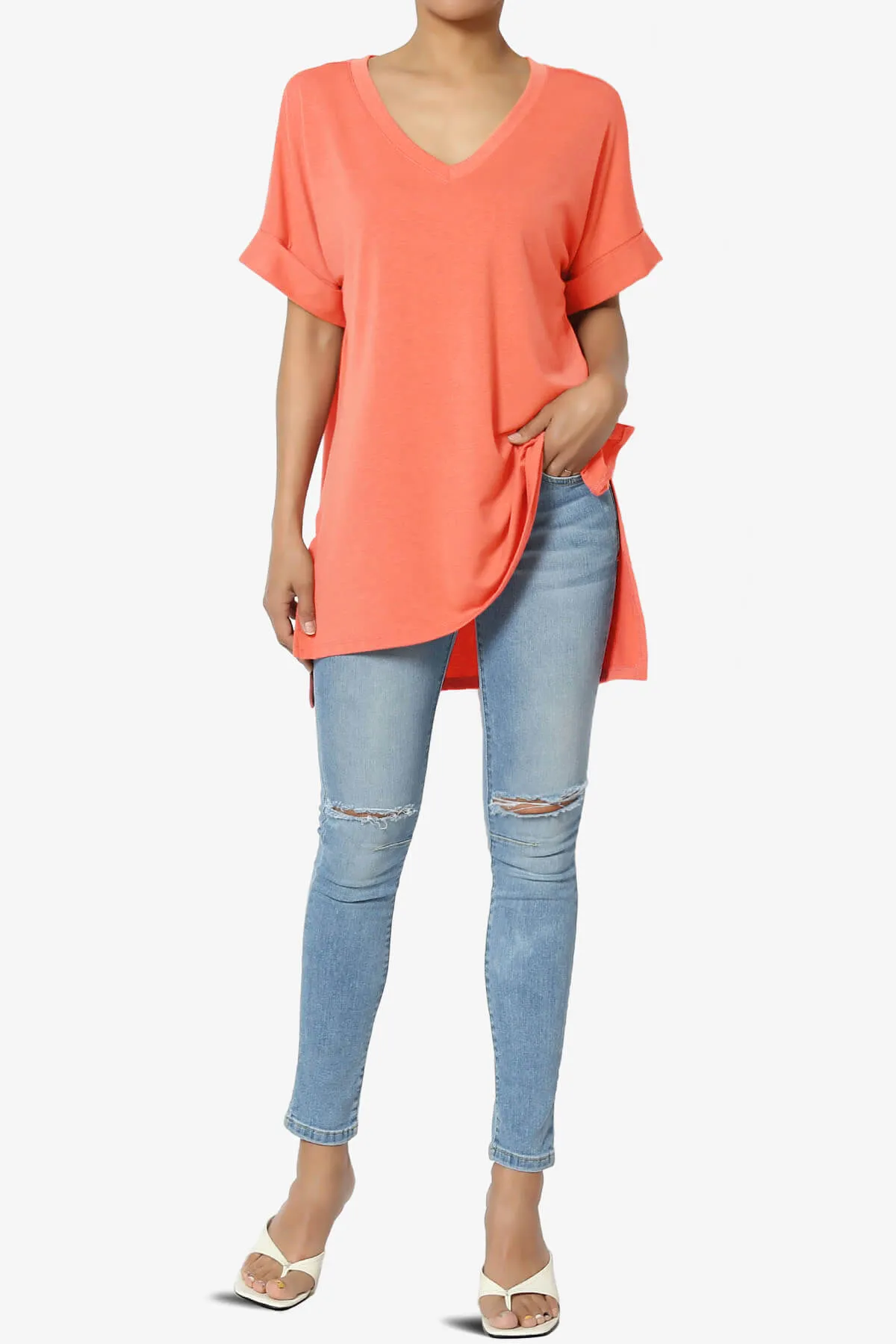 Onella V-Neck Rolled Short Sleeve Top PLUS