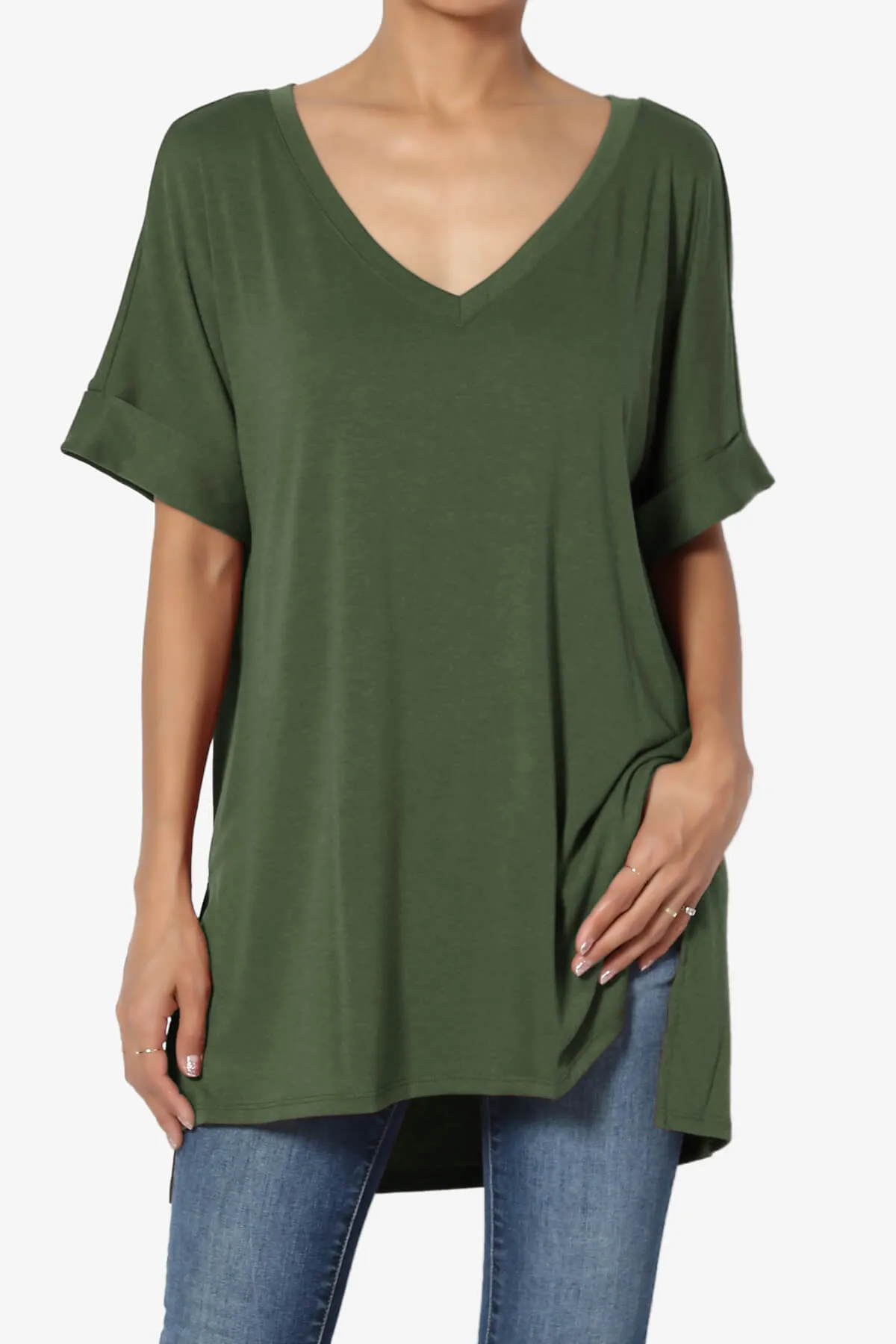 Onella V-Neck Rolled Short Sleeve Top PLUS