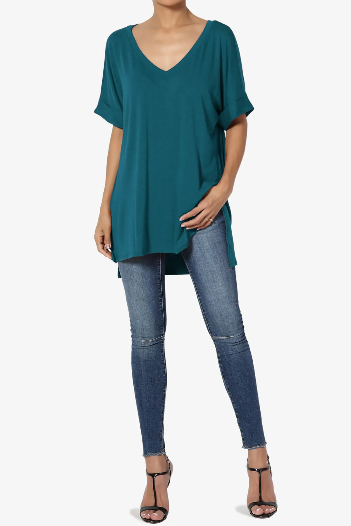 Onella V-Neck Rolled Short Sleeve Top PLUS