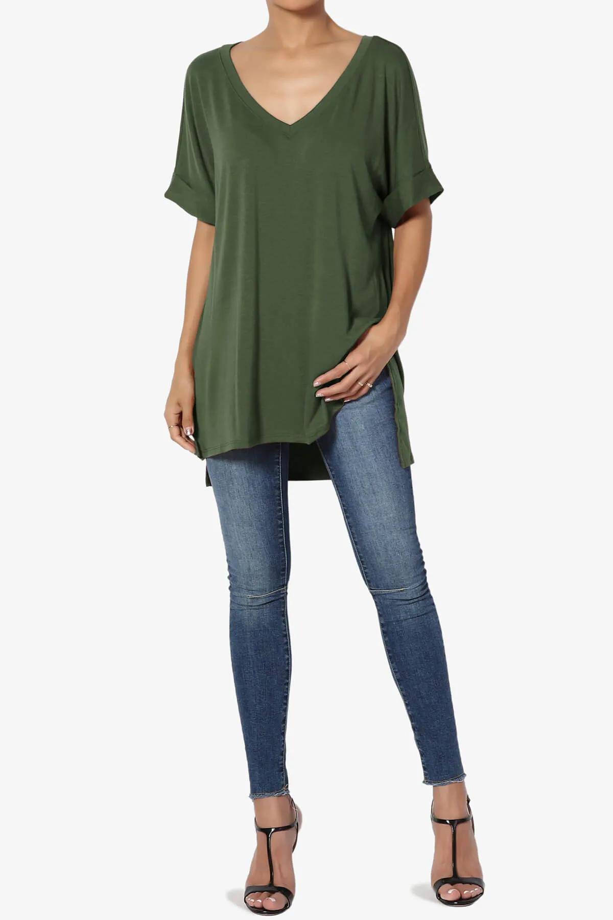 Onella V-Neck Rolled Short Sleeve Top PLUS