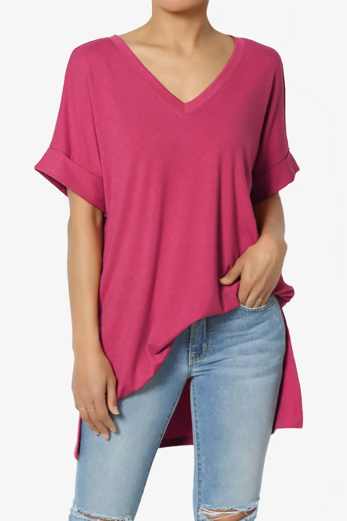 Onella V-Neck Rolled Short Sleeve Top PLUS