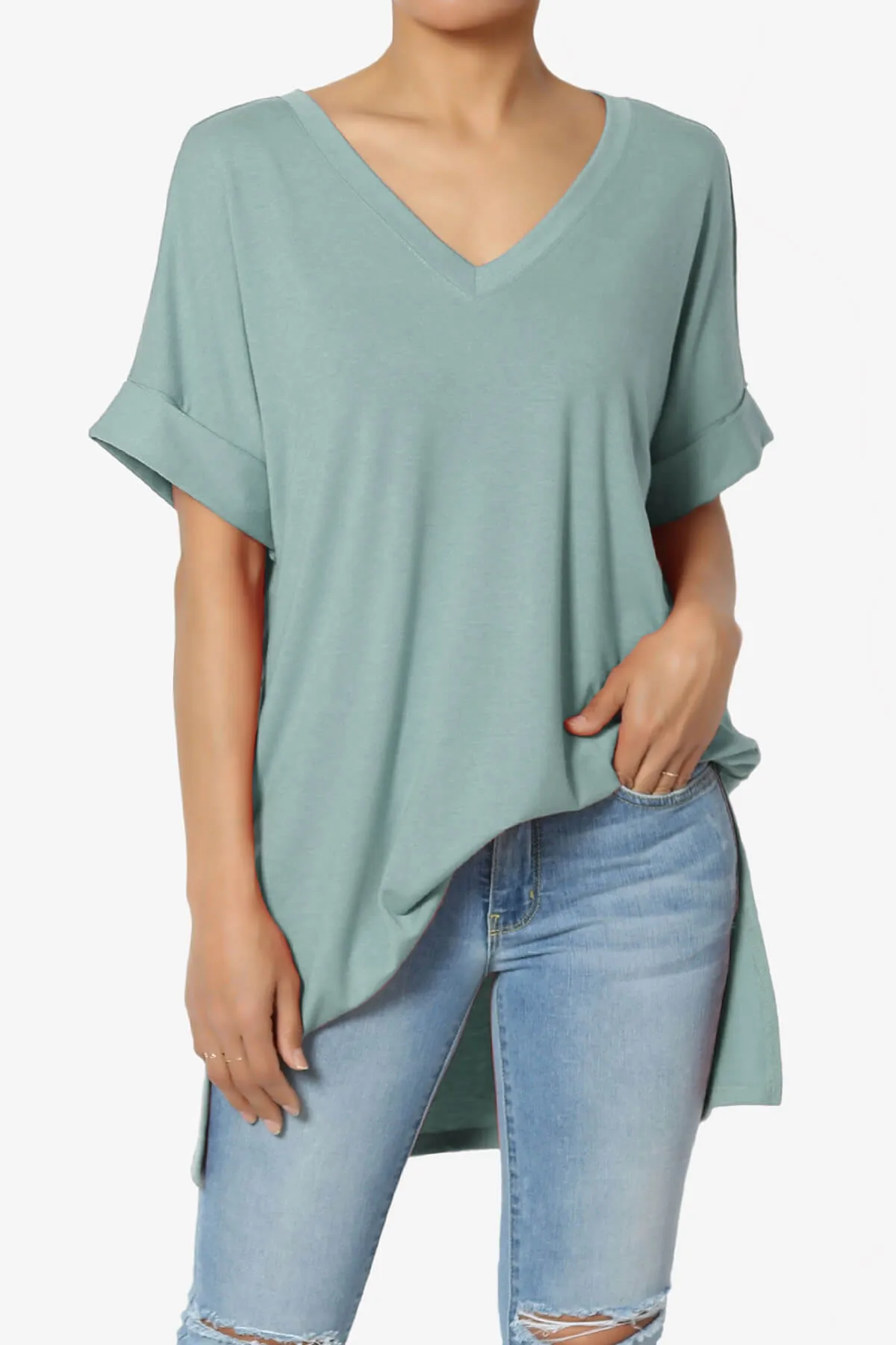 Onella V-Neck Rolled Short Sleeve Top PLUS