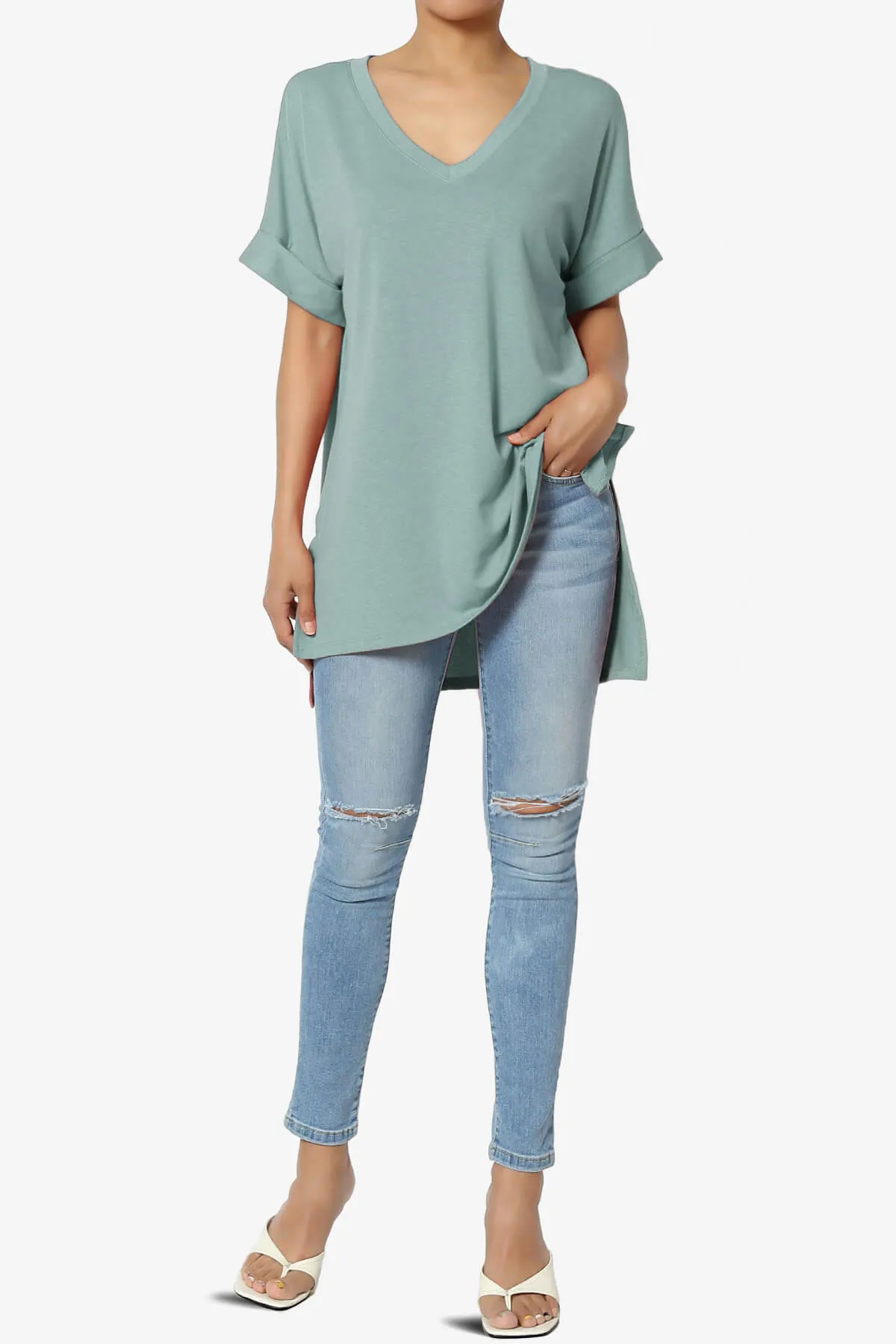 Onella V-Neck Rolled Short Sleeve Top PLUS