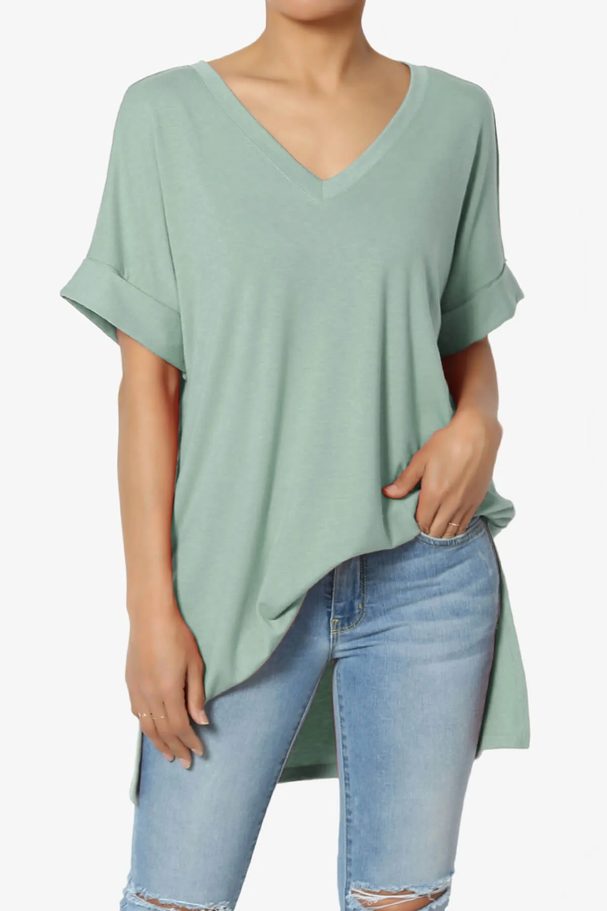 Onella V-Neck Rolled Short Sleeve Top PLUS