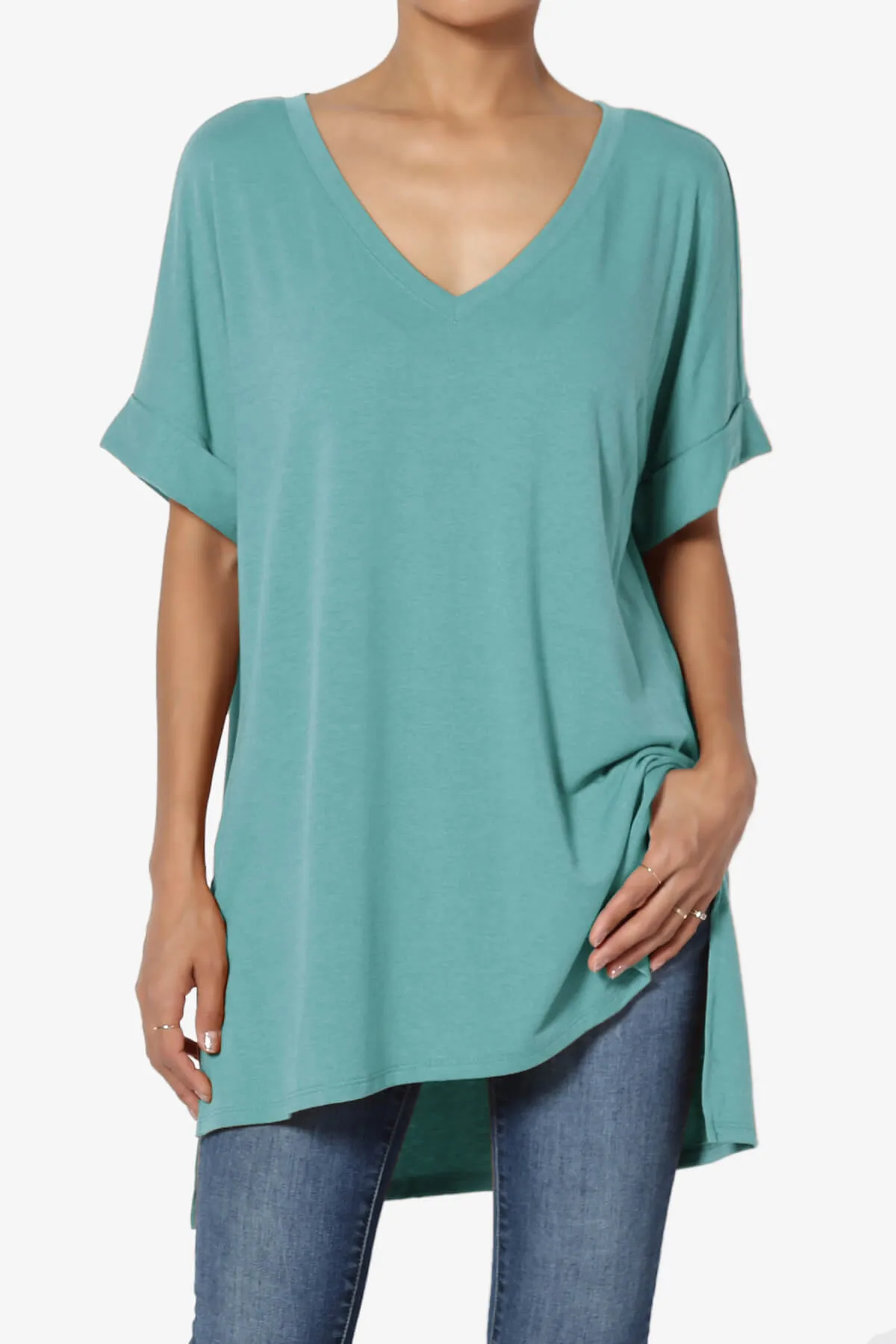 Onella V-Neck Rolled Short Sleeve Top PLUS