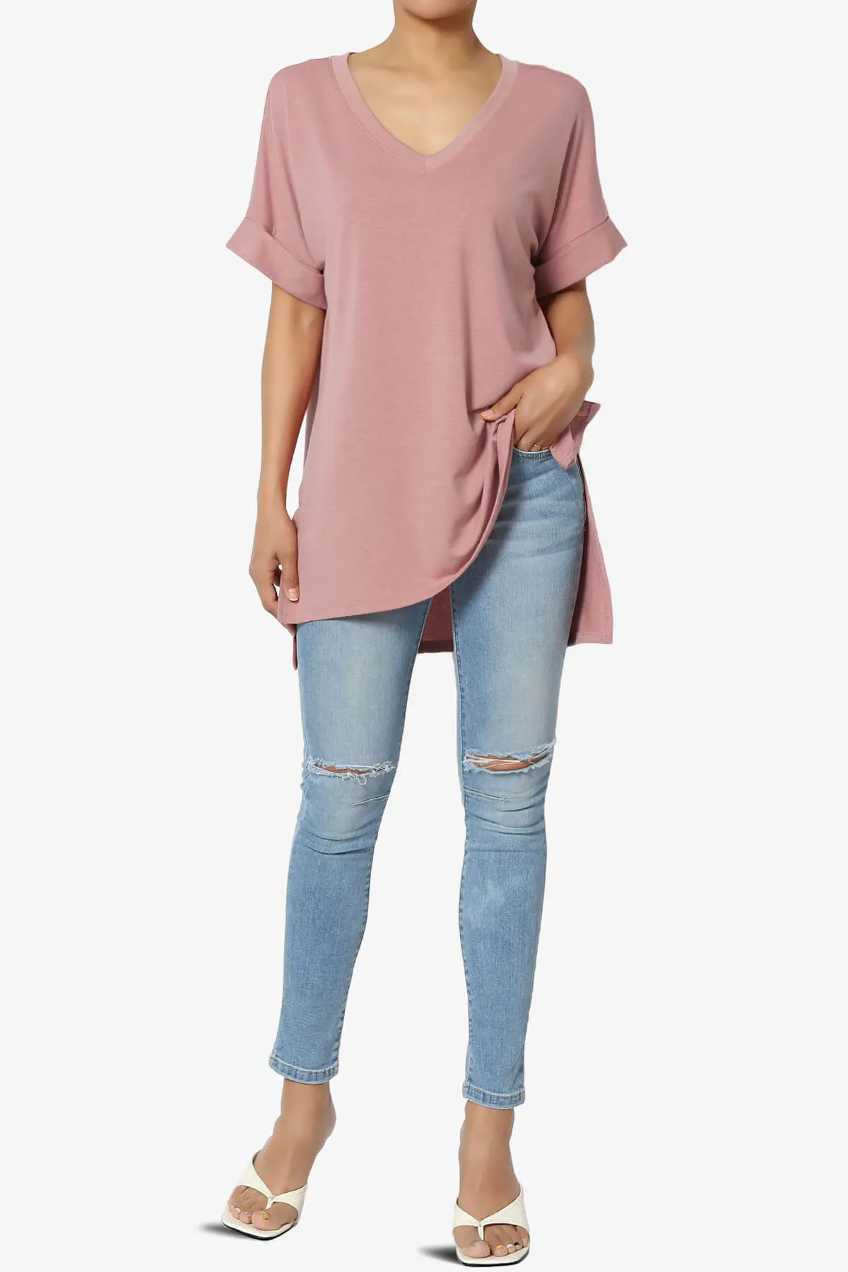 Onella V-Neck Rolled Short Sleeve Top PLUS