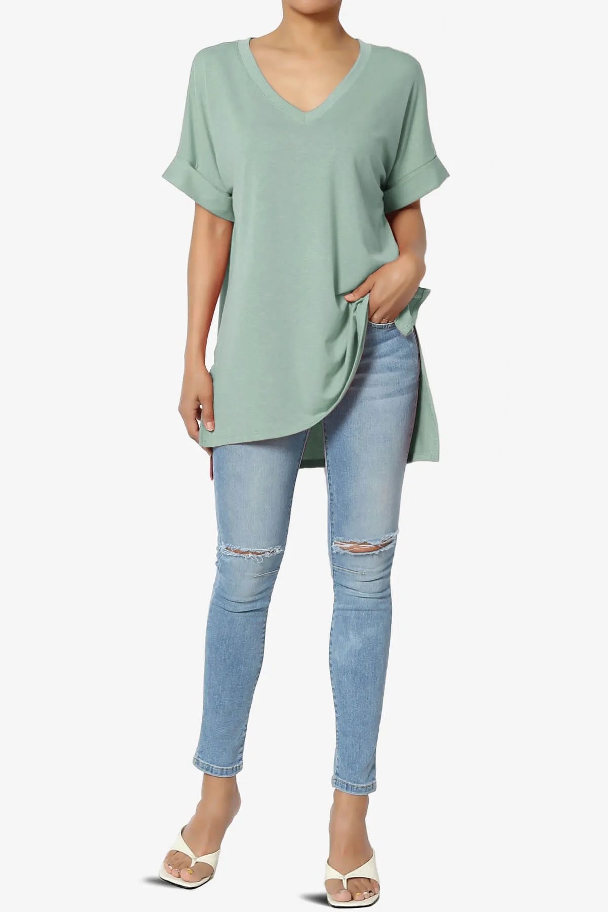 Onella V-Neck Rolled Short Sleeve Top PLUS