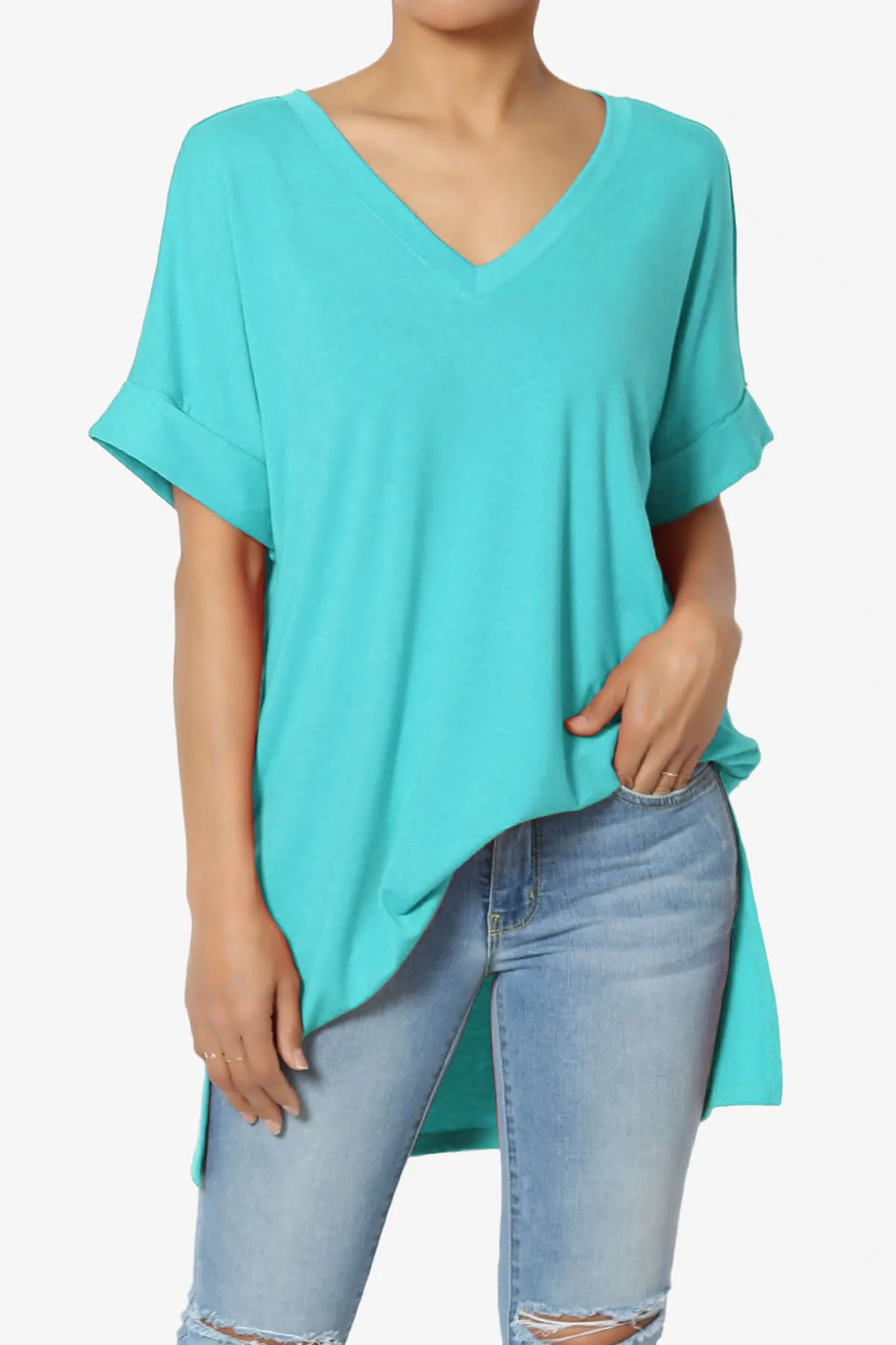 Onella V-Neck Rolled Short Sleeve Top PLUS
